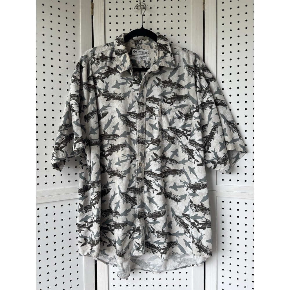 Columbia Fish Shark Print Short Sleeve Button Up Shirt Size XL Flax‎ Linen Rayon